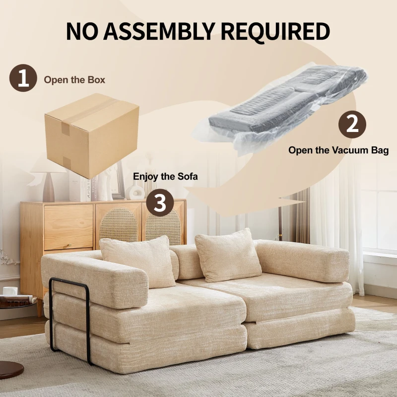 Convertible Sofa Bed Floor Sofa with Fixed-Shape Frame and Chenille Fabric, Compressed Sofa for Living Room, 79" L x 39.5" W x 25" H, Beige