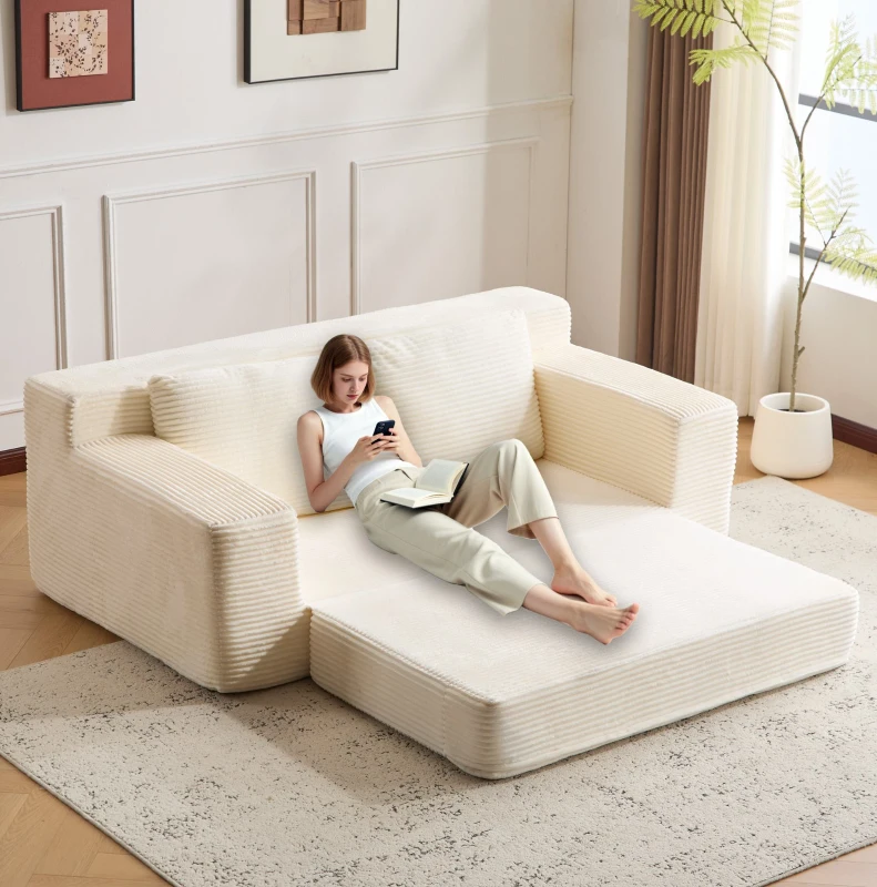 Convertible Sofa Bed Modern Loveseat with Reversible Cushion and Pillows, Compressed Sofa Corduroy Couch for Apartments, 71.5" L x 40.5" W x 25.5" H, White