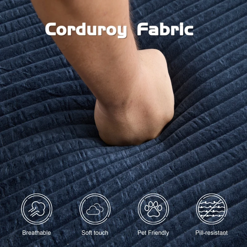 Modern Loveseat Sofa Bed with Reversible Cushion and Pillows, Corduroy Couch for Living Room, 71.5" L x 40.5" W x 25.5" H, Dark Blue