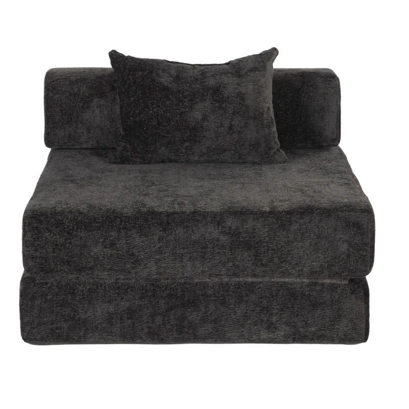 Compressed Sofa Convertible Floor Sofa Bed with Fixed-Shape Frame, Chenille Fabric, Modular Sofas for Small Spaces Single Chaise Longue for Apartments, 39.5" L x 39.5" W x 25" H, Black