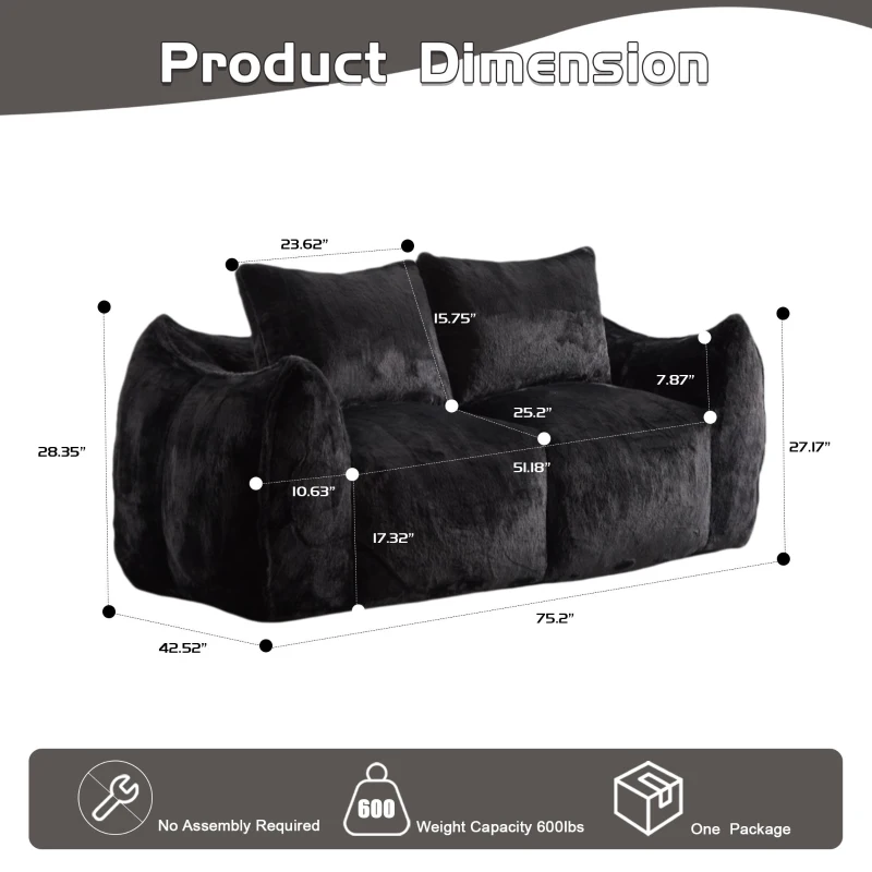 Bean Bag Sofa with High-Density Foam and Faux Fur Fabric, Compressed Sofa Oversized Fluffy Loveseat for Adults, 75" L x 42.5" W x 28.5" H, Black