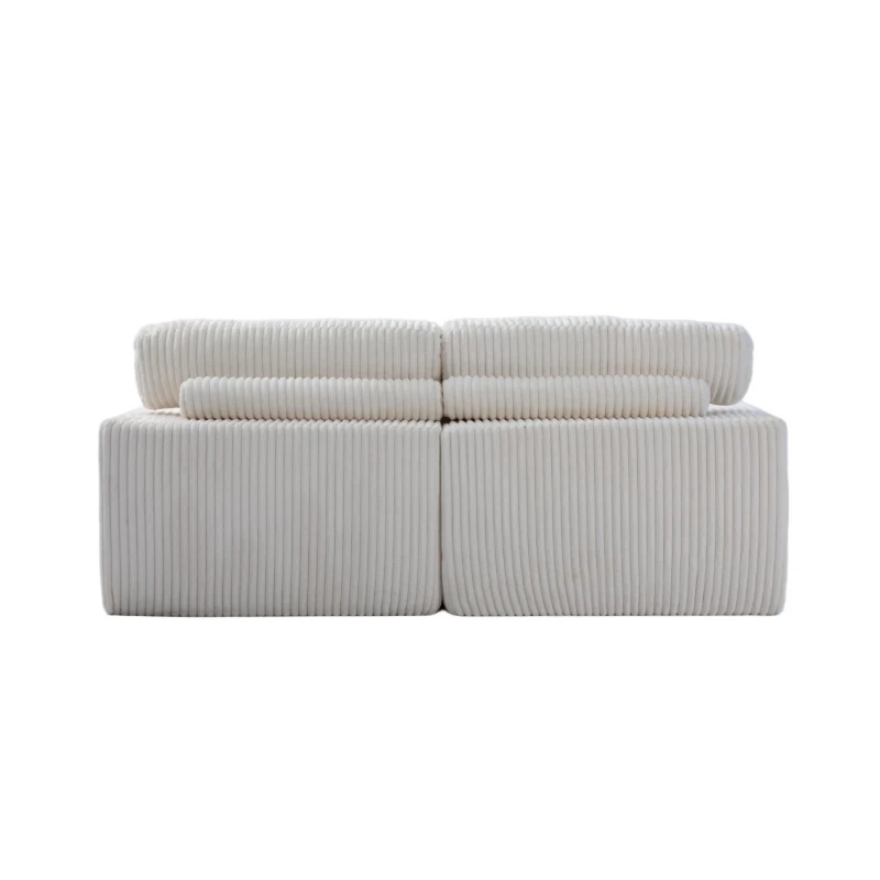 Deep Seat Sofa Double Chaise Lounge Chair with Corduroy Fabric, Compressed Sofa Sectional Loveseat for Apartments, 82.5'' L x 57'' W x 23.5'' H, White