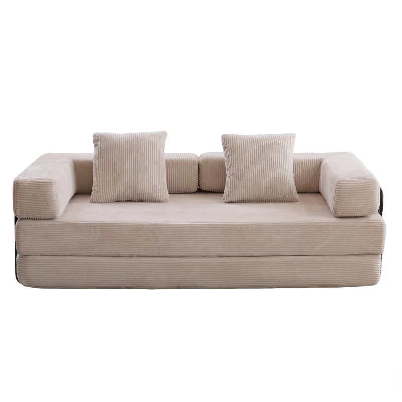 Apartment Sofa Convertible Floor Sofa Bed with Pillow Back Support and Armrest, Compressed Sofa Lounge Sleeper with Corduroy Fabric, 77'' L x 37.5'' W x 23.5'' H, Light Grey