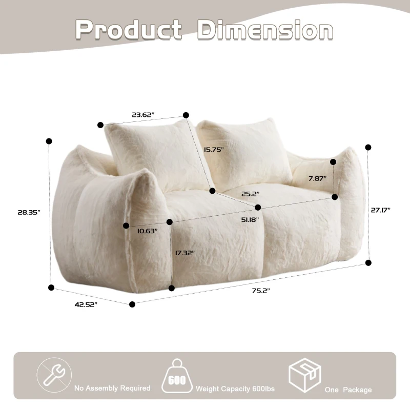 Bean Bag Sofa with High-Density Foam and Faux Fur Fabric, Compressed Sofa Oversized Fluffy Loveseat for Adults, 75" L x 42.5" W x 28.5" H, White