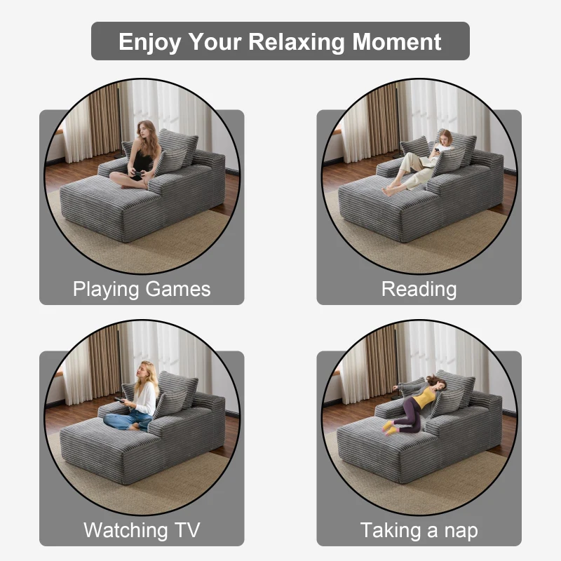 Compressed Sofa Oversized Chaise Lounge Chair with 3 Throw Pillows and Wide Armrest, Modular Sofas for Small Spaces Sleeper Sofa Daybed with Corduroy Fabric, 66'' L x 47'' W x 24'' H, Grey