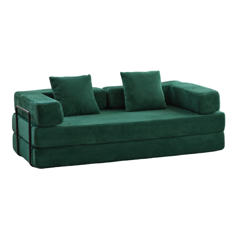 Apartment Sofa Convertible Floor Sofa Bed with Pillow Back Support and Armrest, Compressed Sofa Lounge Sleeper with Corduroy Fabric, 77'' L x 37.5'' W x 23.5'' H, Dark Green