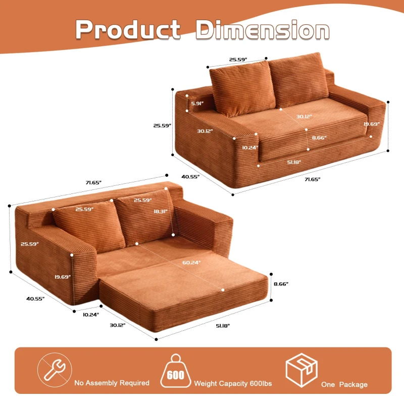 Convertible Sofa Bed Modern Loveseat with Reversible Cushion and Pillows, Compressed Sofa Corduroy Couch for Apartments, 71.5" L x 40.5" W x 25.5" H, Orange