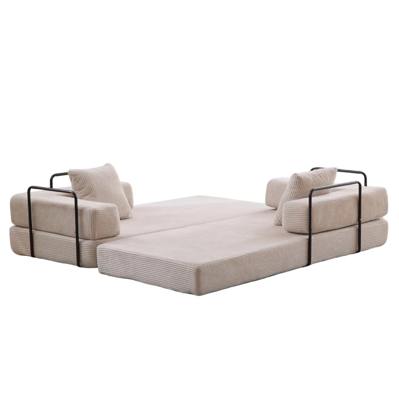 Apartment Sofa Convertible Floor Sofa Bed with Pillow Back Support and Armrest, Compressed Sofa Lounge Sleeper with Corduroy Fabric, 77'' L x 37.5'' W x 23.5'' H, Light Grey