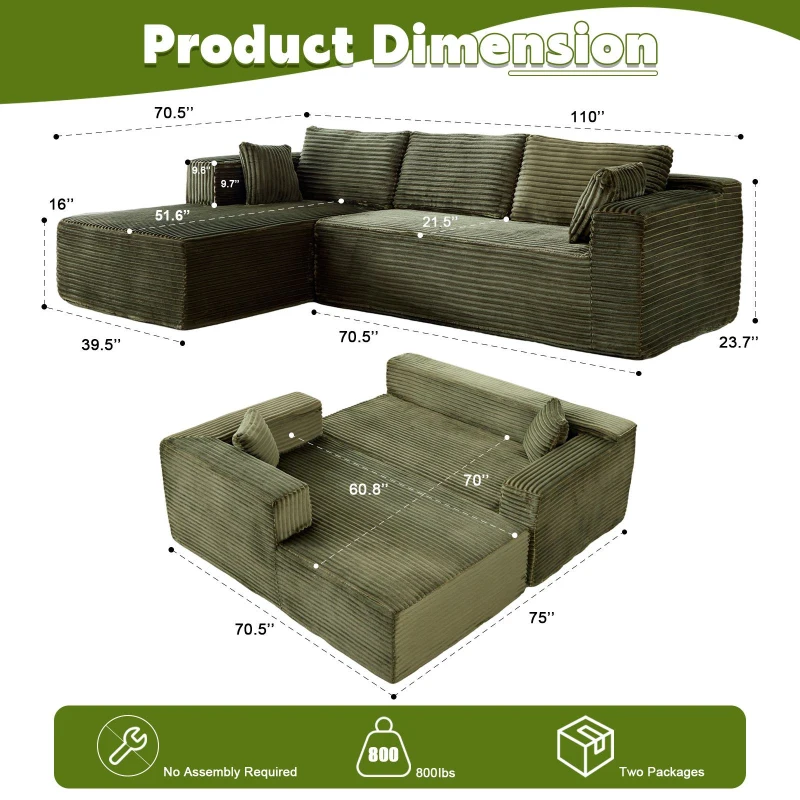 Compressed Sofa Minimalist Sectional with Comfy Chaise, Modular Oversized Sofa for Living Rooms, 110'' L x 70.5'' W x 23.5'' H, Green