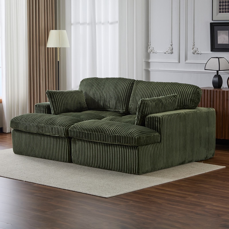 Deep Seat Sofa Double Chaise Lounge Chair with Corduroy Fabric, Compressed Sofa Sectional Loveseat for Apartments, 82.5'' L x 57'' W x 23.5'' H, Green