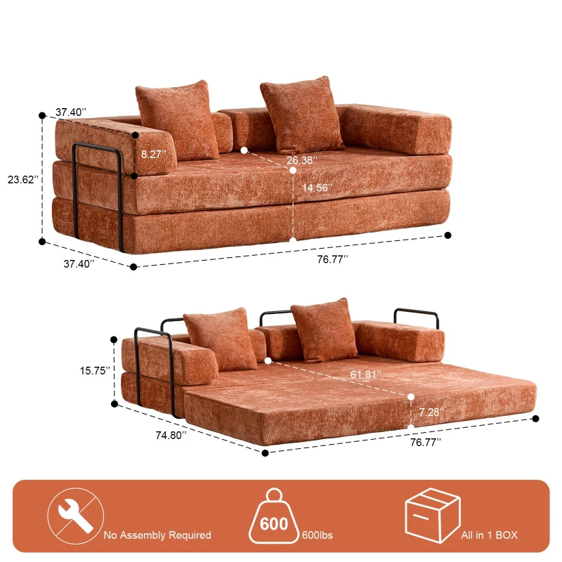 Foldable Sofa Bed Convertible Floor Sofa with Pillow Back Support and Armrest, Compressed Sofa Couch Lounge Sleeper with Chenille Fabric, 77'' L x 37.5'' W x 23.5'' H, Orange