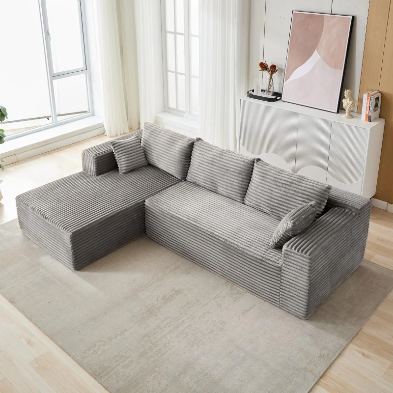 Minimalist Compression Sectional Couch with Comfy Chaise, Modular L Shape Sofa Ideal for Living Rooms, 110'' L x 70.5'' W x 23.5'' H, Grey