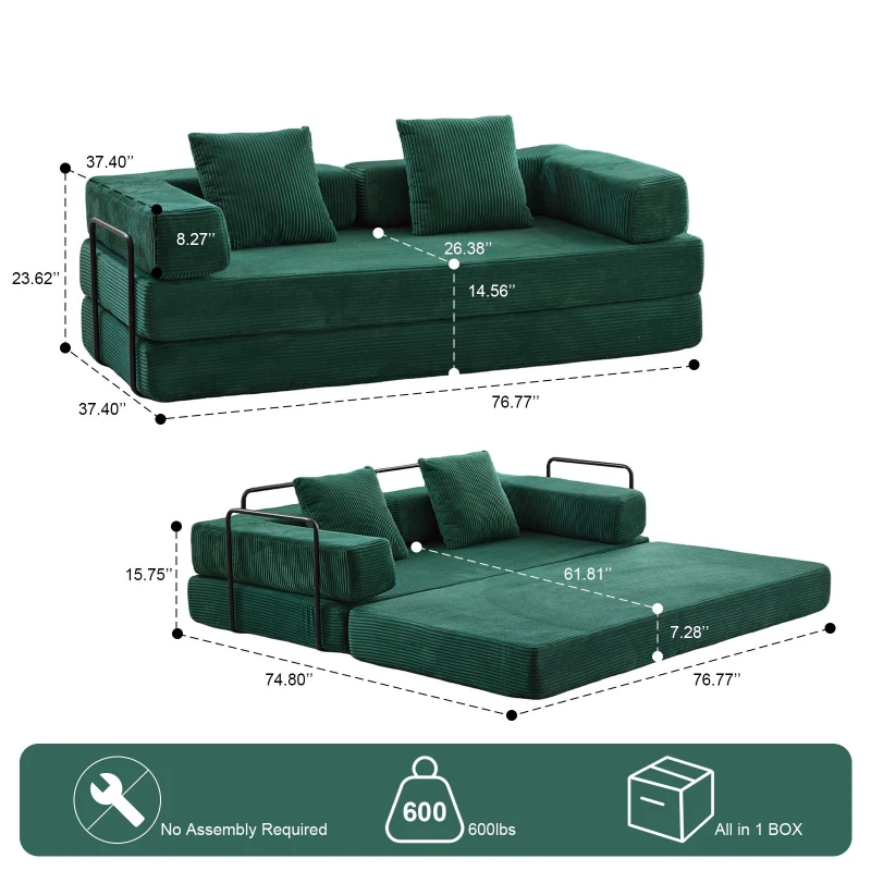 Apartment Sofa Convertible Floor Sofa Bed with Pillow Back Support and Armrest, Compressed Sofa Lounge Sleeper with Corduroy Fabric, 77'' L x 37.5'' W x 23.5'' H, Dark Green