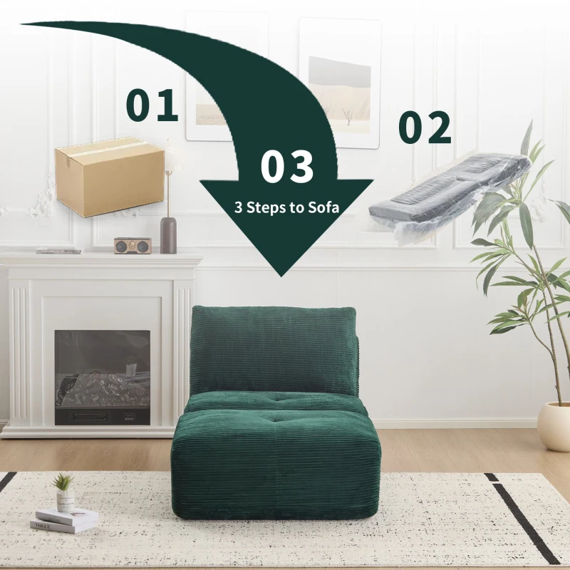 Compressed Sofa Modern Memory Foam Sectional with Pet-Friendly Corduroy Fabric, Modular Sofas for Small Spaces Single Chaise Longue for Apartments, 71" L x 36" W x 28.5" H, Green