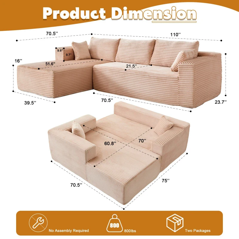 Compressed Sofa Minimalist Sectional with Comfy Chaise, Modular Oversized Sofa for Living Rooms, 110'' L x 70.5'' W x 23.5'' H, Beige