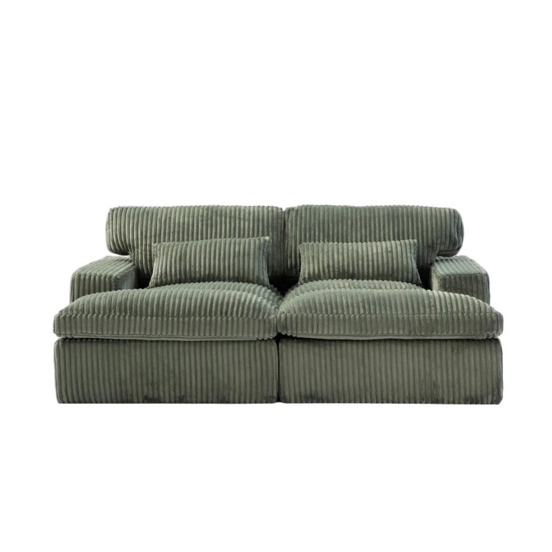 Deep Seat Sofa Double Chaise Lounge Chair with Corduroy Fabric, Compressed Sofa Sectional Loveseat for Apartments, 82.5'' L x 57'' W x 23.5'' H, Green