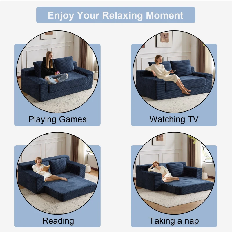 Modern Loveseat Sofa Bed with Reversible Cushion and Pillows, Corduroy Couch for Living Room, 71.5" L x 40.5" W x 25.5" H, Dark Blue