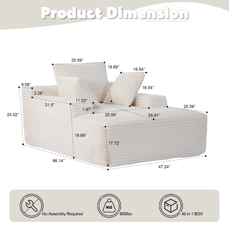 Compressed Sofa Oversized Chaise Lounge Chair with 3 Throw Pillows and Wide Armrest, Modular Sofas for Small Spaces Sleeper Sofa Daybed with Corduroy Fabric, 66'' L x 47'' W x 24'' H, White