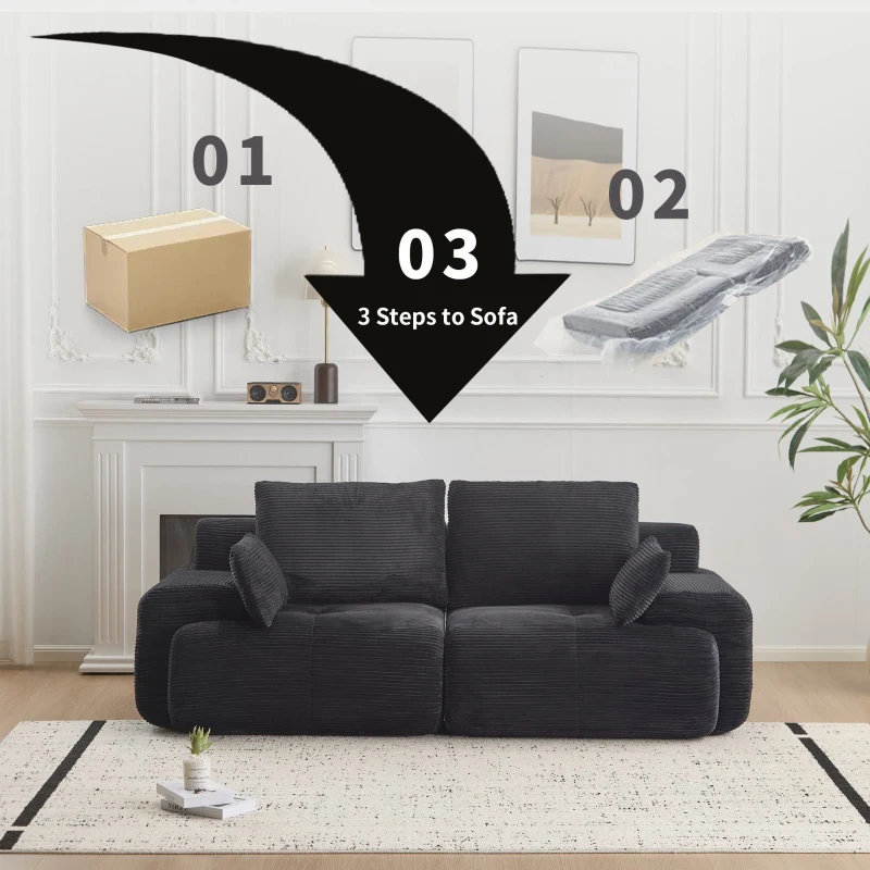 Compressed Sofa 2-Seater Modern Memory Foam Sofa with Pet-Friendly Corduroy Fabric, Two Seater Couch Sectional for Living Room, 84" L x 41" W x 28.5" H, Black