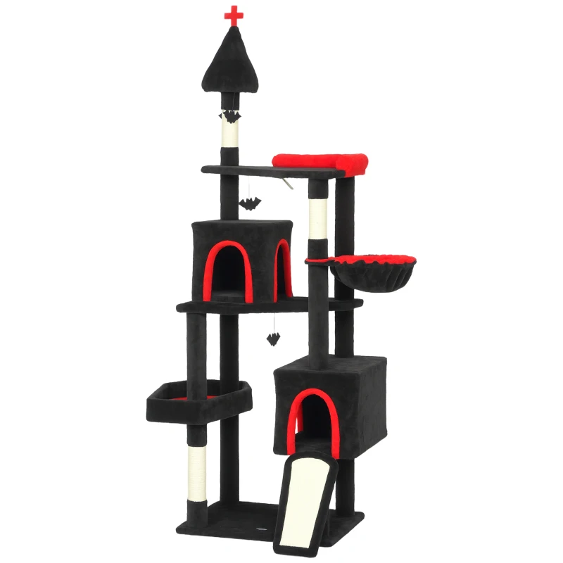 PawHut 78" Gothic Cat Tree, Cat Tower with Coffin Bed, 2 Spacious Condos, Sisal Scratching Posts, Bat Hanging Balls, Halloween
