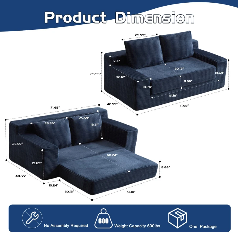 Modern Loveseat Sofa Bed with Reversible Cushion and Pillows, Corduroy Couch for Living Room, 71.5" L x 40.5" W x 25.5" H, Dark Blue