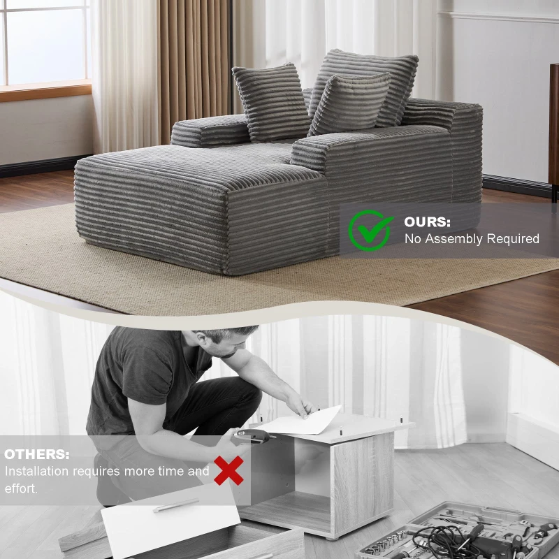 Compressed Sofa Oversized Chaise Lounge Chair with 3 Throw Pillows and Wide Armrest, Modular Sofas for Small Spaces Sleeper Sofa Daybed with Corduroy Fabric, 66'' L x 47'' W x 24'' H, Grey