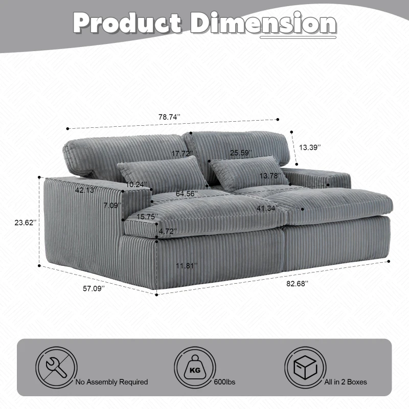 Deep Seat Sofa Double Chaise Lounge Chair with Corduroy Fabric, Compressed Sofa Sectional Loveseat for Apartments, 82.5'' L x 57'' W x 23.5'' H, Grey