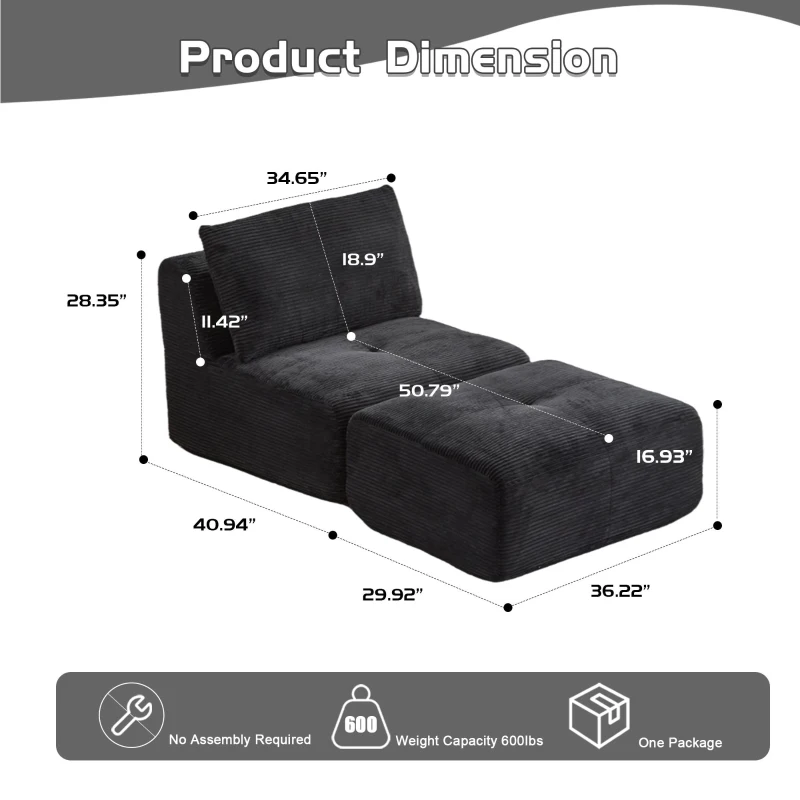 Compressed Sofa Modern Memory Foam with Movable Ottoman, Corduroy Fabric, Modular Sofas for Small Spaces Single Chaise Longue for Apartments, 71" L x 36" W x 28.5" H, Black