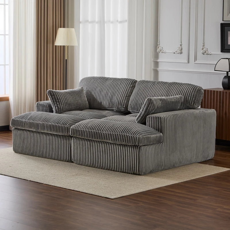 Double Chaise Lounge Chair with Deep Seat and Corduroy Fabric, Sectional Love-seat Perfect for Apartments, 82.5'' L x 57'' W x 23.5'' H, Grey