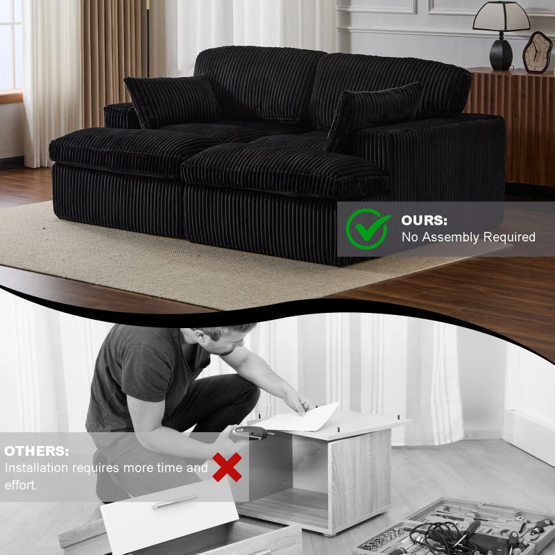 Double Chaise Lounge Chair with Deep Seat and Corduroy Fabric, Sectional Love-seat Perfect for Apartments, 82.5'' L x 57'' W x 23.5'' H, Black