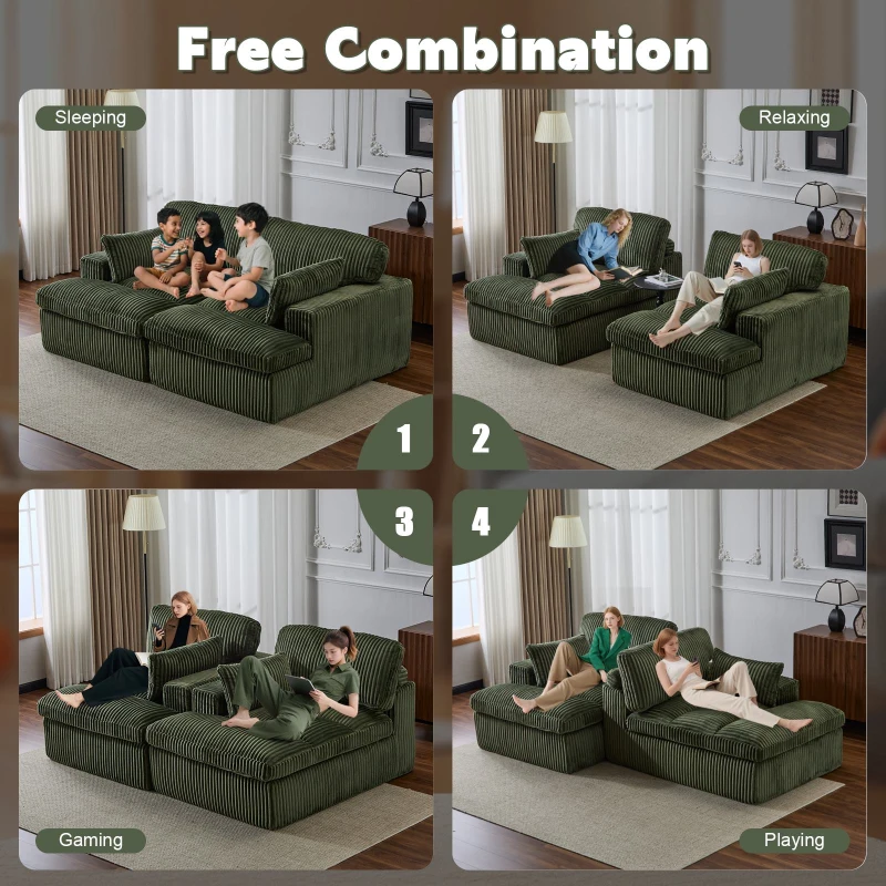 Deep Seat Sofa Double Chaise Lounge Chair with Corduroy Fabric, Compressed Sofa Sectional Loveseat for Apartments, 82.5'' L x 57'' W x 23.5'' H, Green