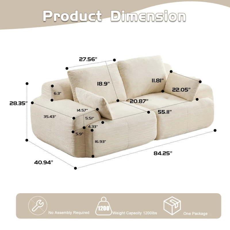 Compressed Sofa 2-Seater Large Sectional Couch with Pet-Friendly Corduroy Fabric, Two Seater Couch Memory Foam Sofa for Living Room, 84" L x 41" W x 28.5" H, Beige