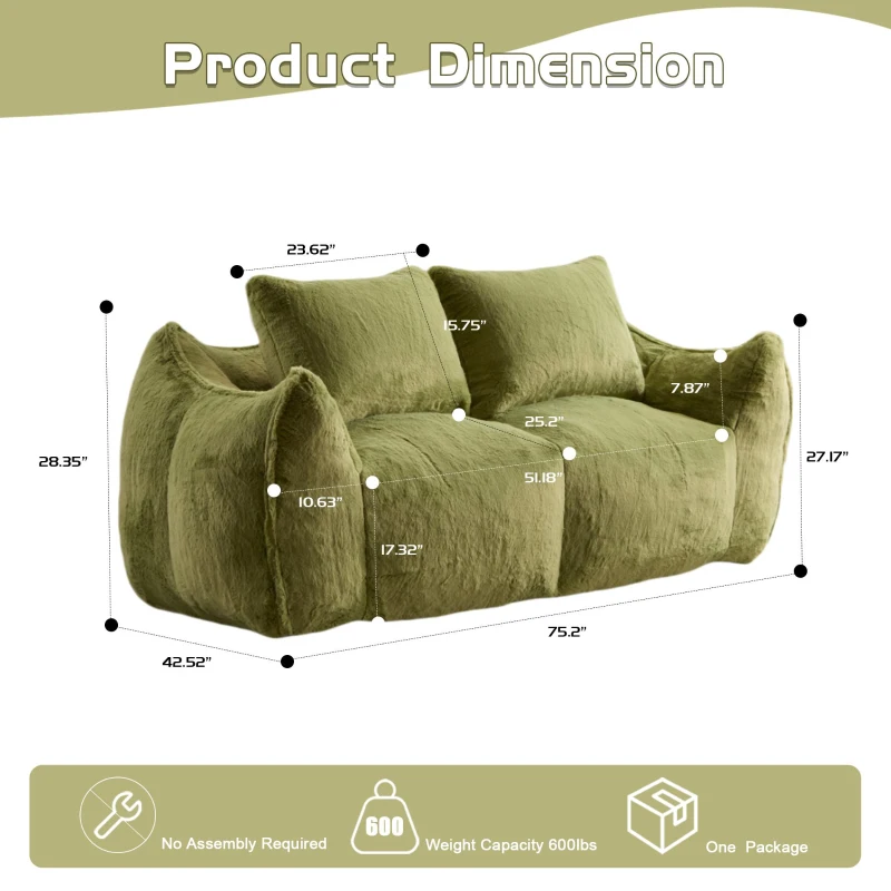 Bean Bag Sofa with High-Density Foam and Faux Fur Fabric, Compressed Sofa Oversized Fluffy Loveseat for Adults, 75" L x 42.5" W x 28.5" H, Green