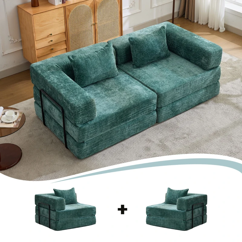 Convertible Sofa Bed Floor Sofa with Fixed-Shape Frame, Chenille Fabric Compressed Sofa for Living Room, 79" L x 39.5" W x 25" H, Dark Green