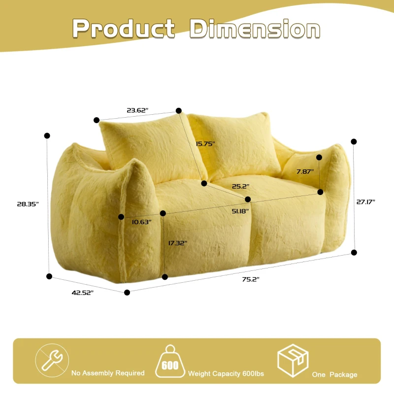 Bean Bag Sofa with High-Density Foam and Faux Fur Fabric, Compressed Sofa Oversized Fluffy Loveseat for Adults, 75" L x 42.5" W x 28.5" H, Yellow