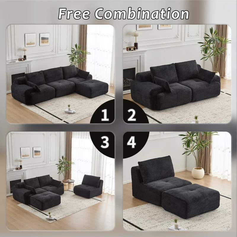 Compressed Sofa Modern Memory Foam Sectional, Pet-Friendly Corduroy Couch, Extra Deep Loveseat for Apartments, 120" L x 71" W x 28.5" H, Black
