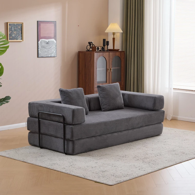 Convertible Floor Sofa Bed with Pillow Back Support and Armrest, Lounge Sleeper with Corduroy Fabric, 77'' L x 37.5'' W x 23.5'' H, Dark Grey
