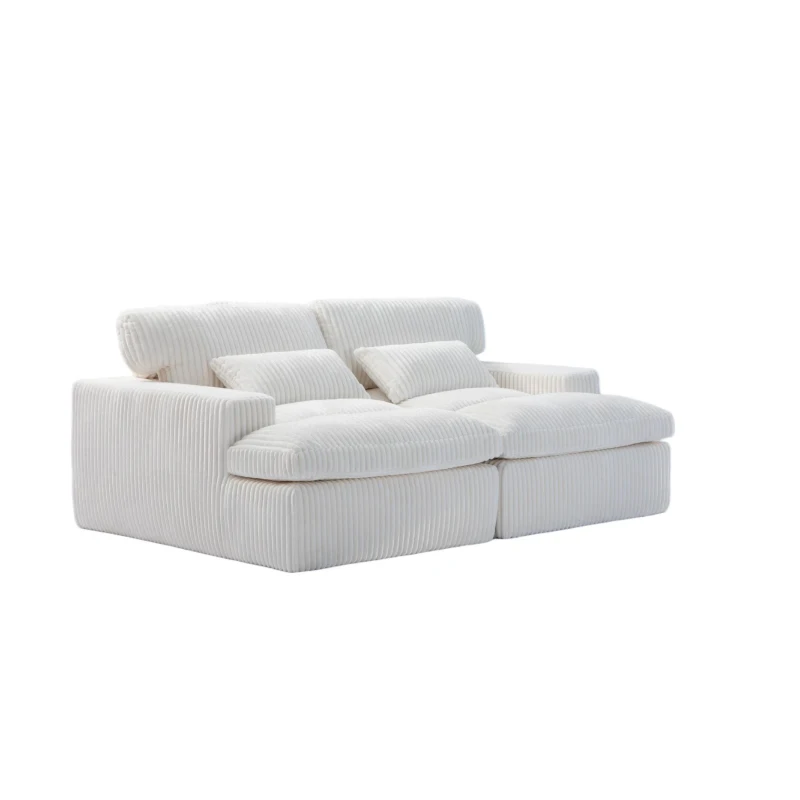 Deep Seat Sofa Double Chaise Lounge Chair with Corduroy Fabric, Compressed Sofa Sectional Loveseat for Apartments, 82.5'' L x 57'' W x 23.5'' H, White