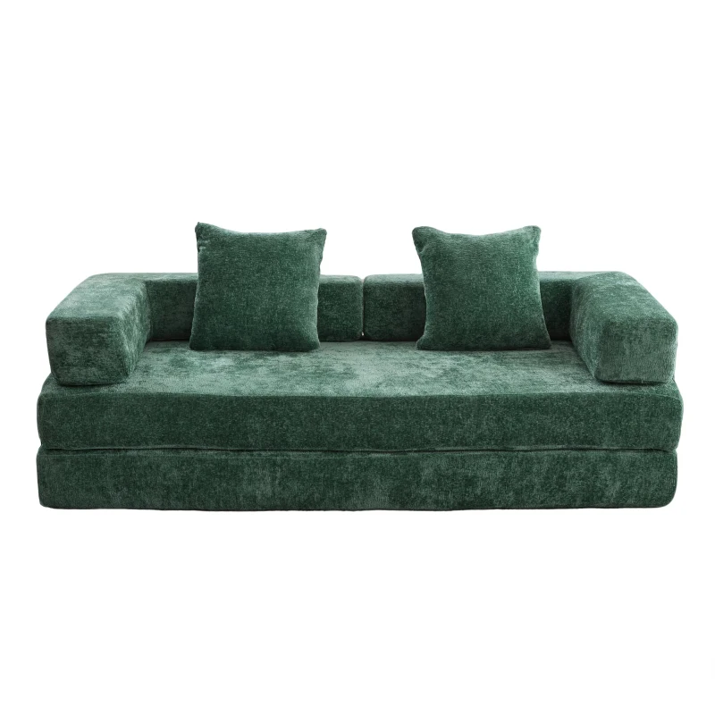 Foldable Sofa Bed Convertible Floor Sofa with Pillow Back Support and Armrest, Compressed Sofa Lounge Sleeper with Chenille Fabric, 77'' L x 37.5'' W x 23.5'' H, Dark Green