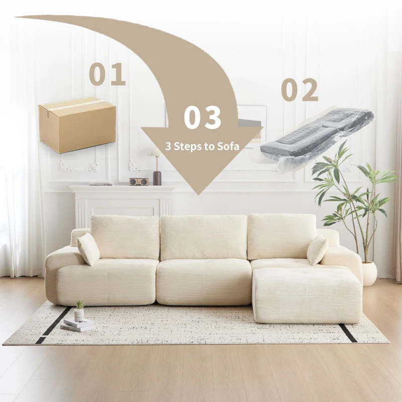 Compressed Sofa Modern Memory Foam Sectional, Pet-Friendly Corduroy Couch, Extra Deep Loveseat for Living Room, 120" L x 71" W x 28.5" H, Beige