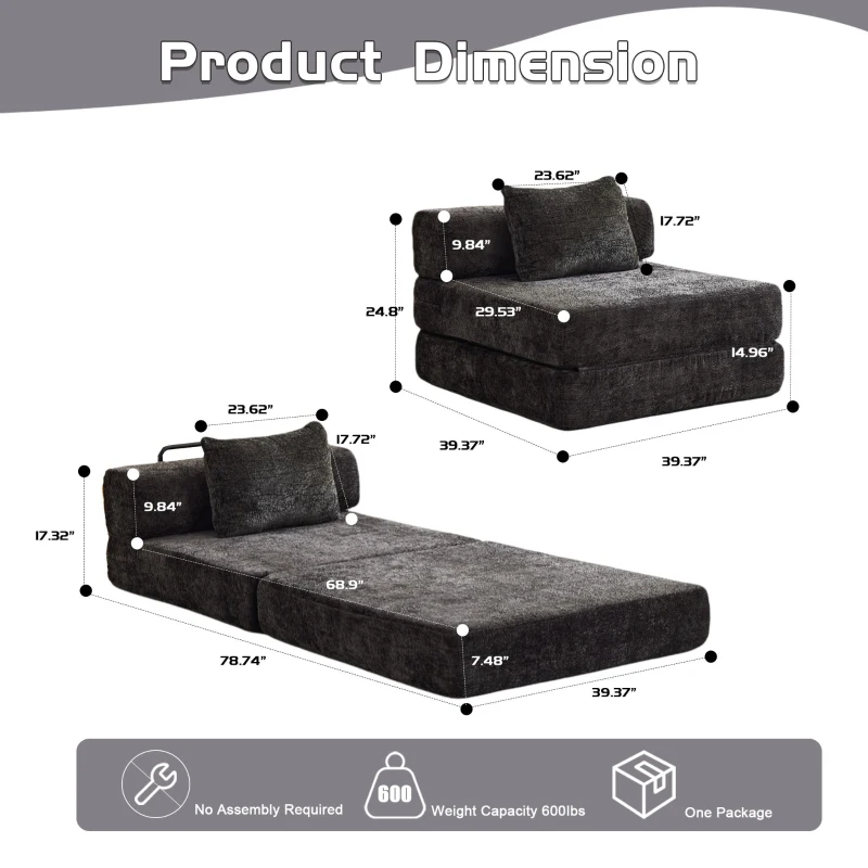 Compressed Sofa Convertible Floor Sofa Bed with Fixed-Shape Frame, Chenille Fabric, Modular Sofas for Small Spaces Single Chaise Longue for Apartments, 39.5" L x 39.5" W x 25" H, Black