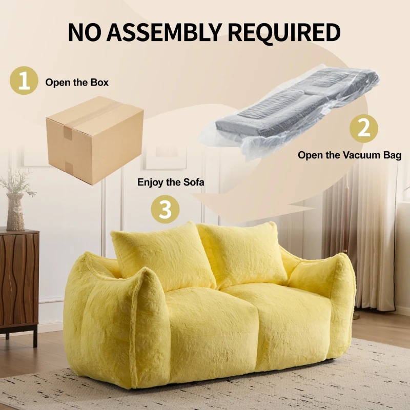 Bean Bag Sofa with High-Density Foam and Faux Fur Fabric, Compressed Sofa Oversized Fluffy Loveseat for Adults, 75" L x 42.5" W x 28.5" H, Yellow