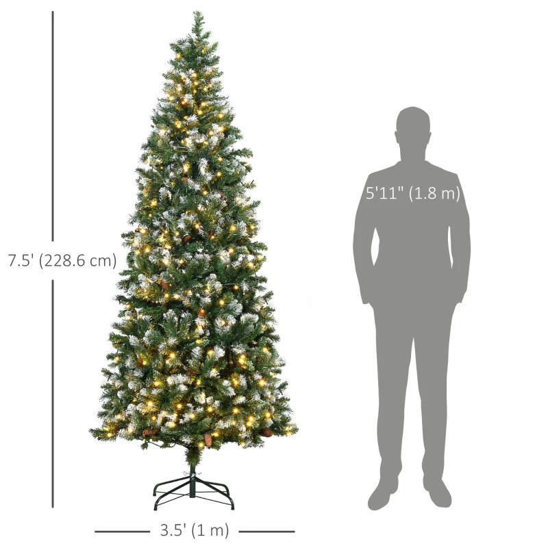 HOMCOM 7.5' Decorated Christmas Trees, Skinny Prelit Artificial Christmas Tree with Snow-dipped Branches, Auto Open, Pinecones