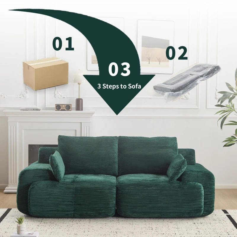 Compressed Sofa 2-Seater Modern Memory Foam Sofa with Pet-Friendly Corduroy Fabric, Two Seater Couch Sectional for Living Room, 84" L x 41" W x 28.5" H, Green
