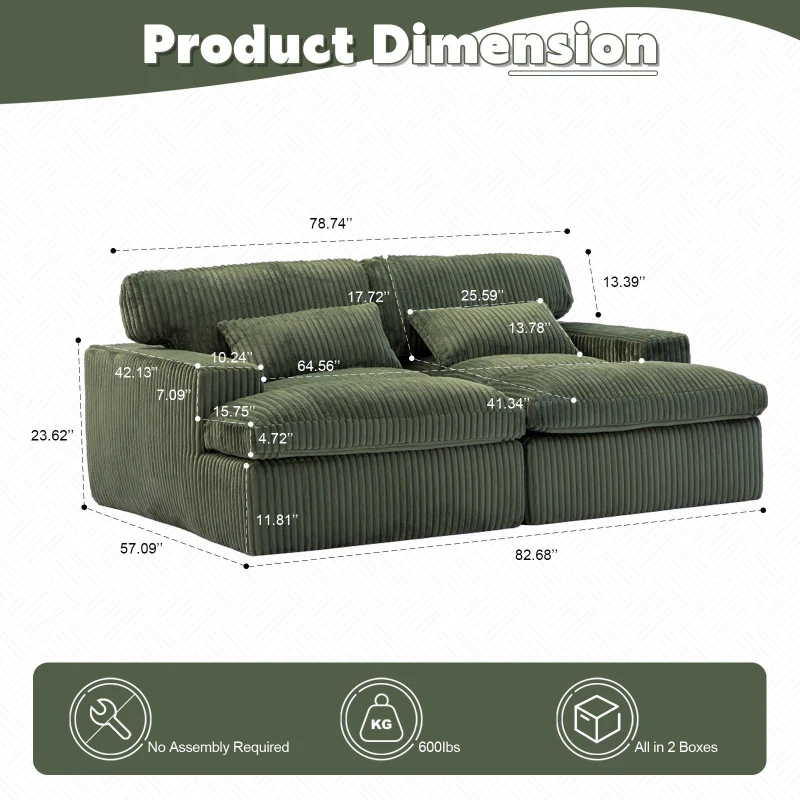 Deep Seat Sofa Double Chaise Lounge Chair with Corduroy Fabric, Compressed Sofa Sectional Loveseat for Apartments, 82.5'' L x 57'' W x 23.5'' H, Green