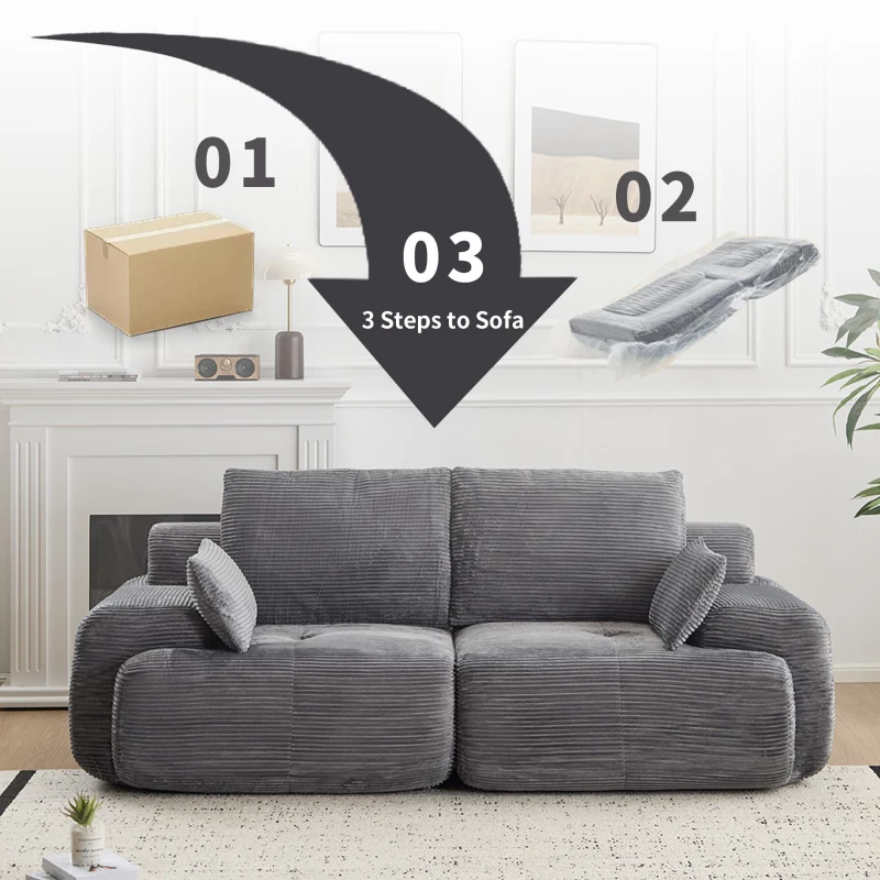 Compressed Sofa 2-Seater Modern Memory Foam Sofa with Pet-Friendly Corduroy Fabric, Two Seater Couch Sectional for Living Room, 84" L x 41" W x 28.5" H, Grey