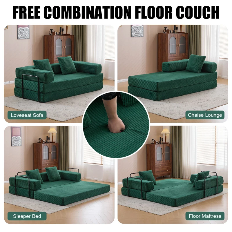 Apartment Sofa Convertible Floor Sofa Bed with Pillow Back Support and Armrest, Compressed Sofa Lounge Sleeper with Corduroy Fabric, 77'' L x 37.5'' W x 23.5'' H, Dark Green