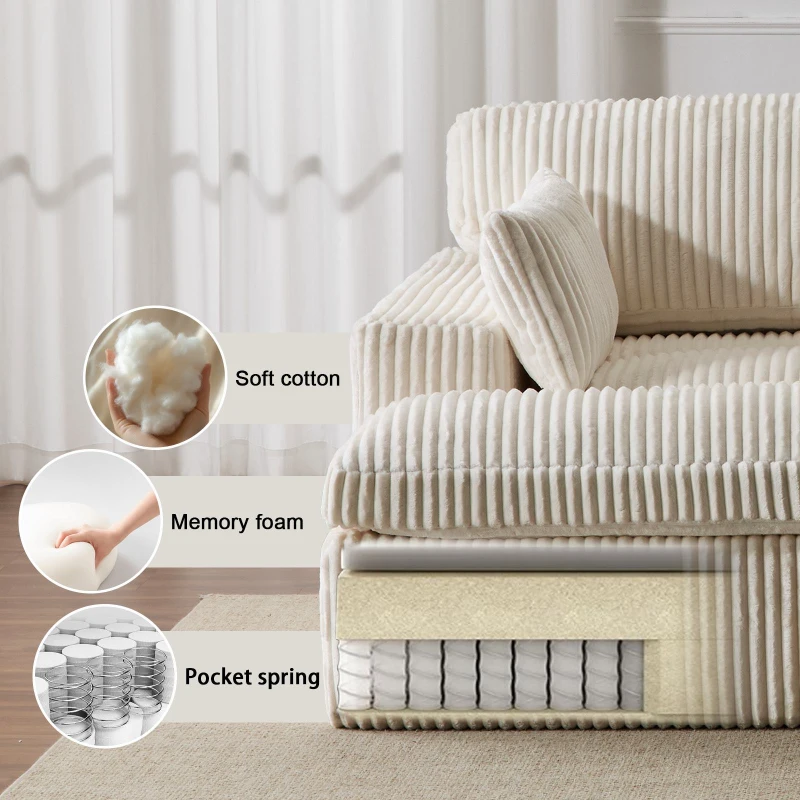Deep Seat Sofa Double Chaise Lounge Chair with Corduroy Fabric, Compressed Sofa Sectional Loveseat for Apartments, 82.5'' L x 57'' W x 23.5'' H, White