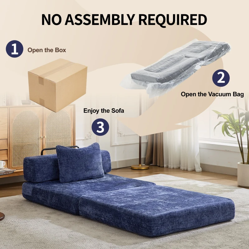 Compressed Sofa Convertible Floor Sofa Bed with Fixed-Shape Frame, Chenille Fabric, Modular Sofas for Small Spaces Single Chaise Longue for Apartments, 39.5" L x 39.5" W x 25" H, Dark Blue