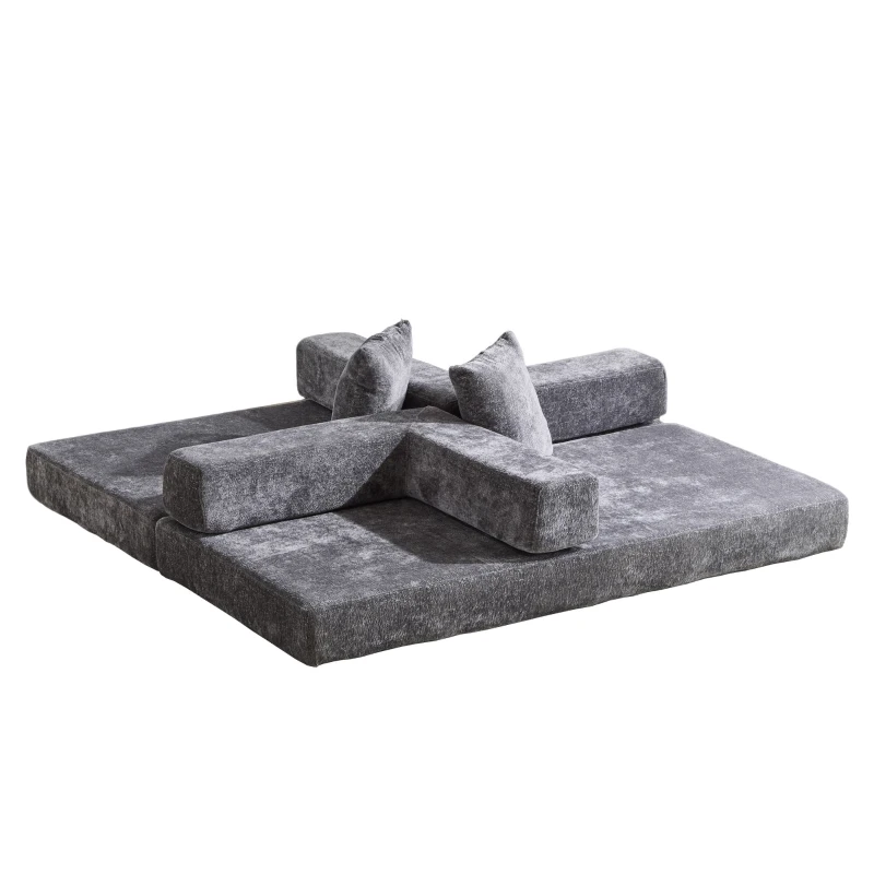 Foldable Sofa Bed Convertible Floor Sofa with Pillow Back Support and Armrest, Compressed Sofa Lounge Sleeper with Chenille Fabric, 77'' L x 37.5'' W x 23.5'' H, Dark Grey